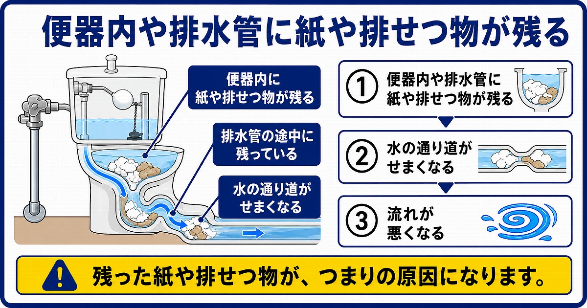 便器内や排水管にトイレットペーパーや排せつ物が残っている