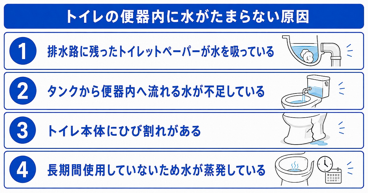 トイレの便器内に水がたまらない原因