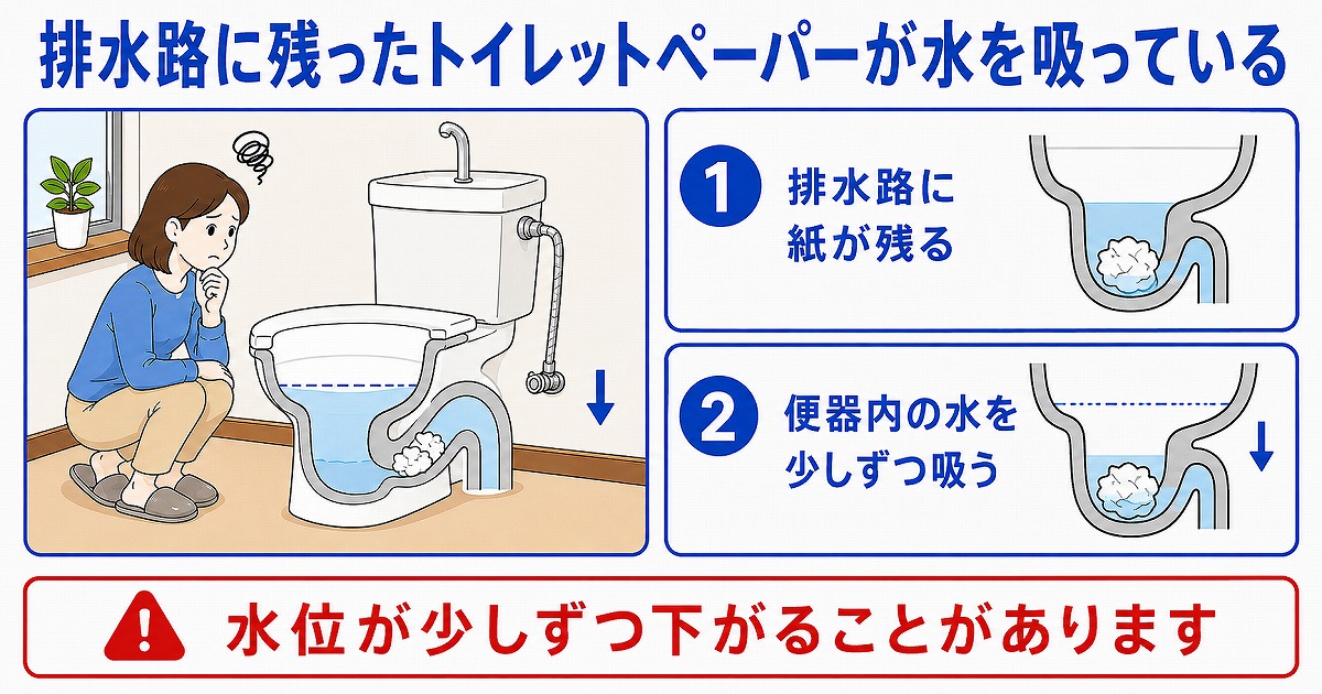 排水路に残ったトイレットペーパーが水を吸っている