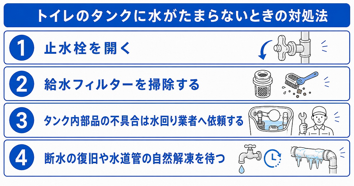 トイレのタンクに水がたまらないときの対処法