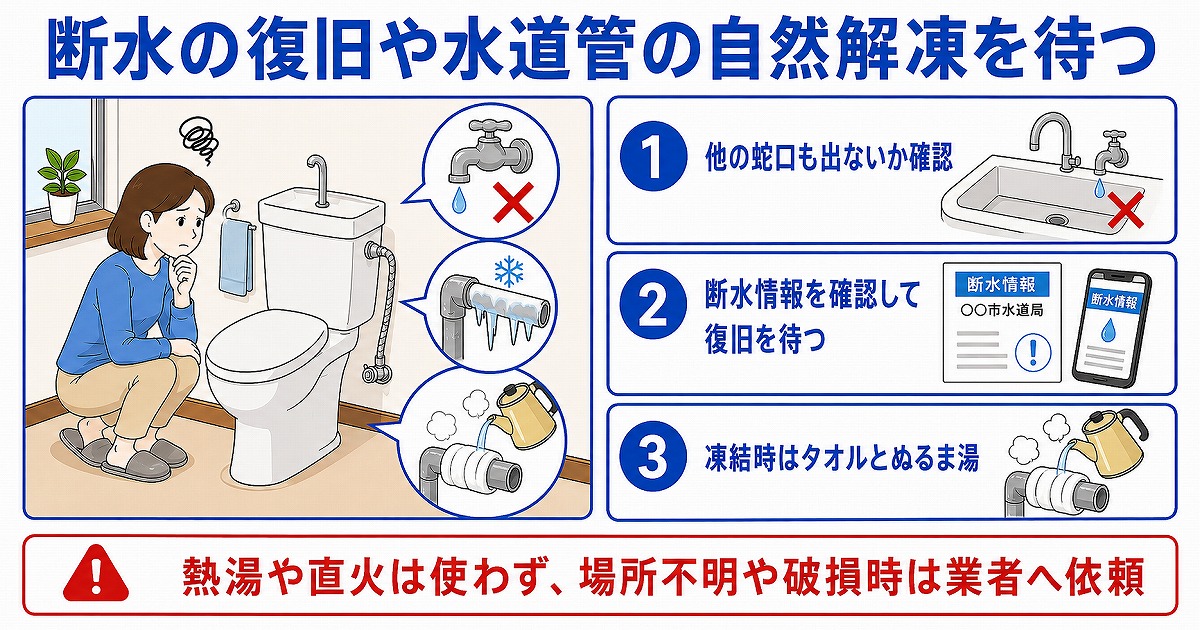 断水の復旧や水道管の自然解凍を待つ