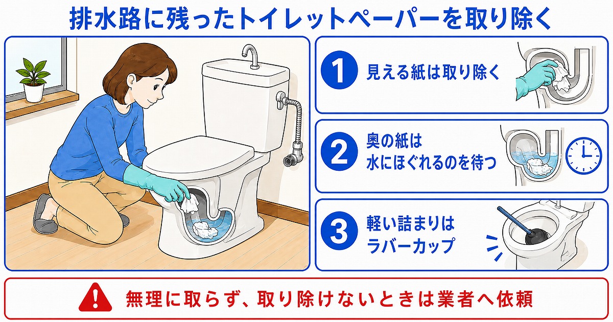 排水路に残ったトイレットペーパーを取り除く