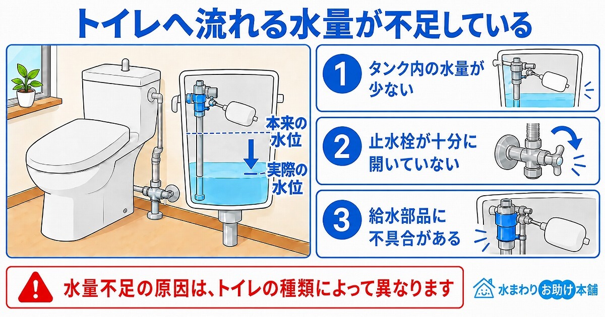 トイレへ流れる水量が不足している