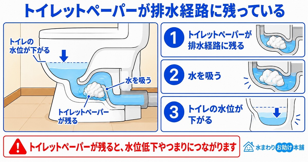トイレットペーパーが排水経路に残っている