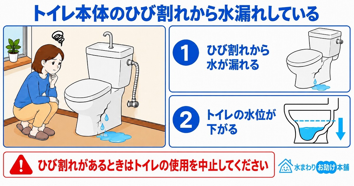 トイレ本体のひび割れから水漏れしている