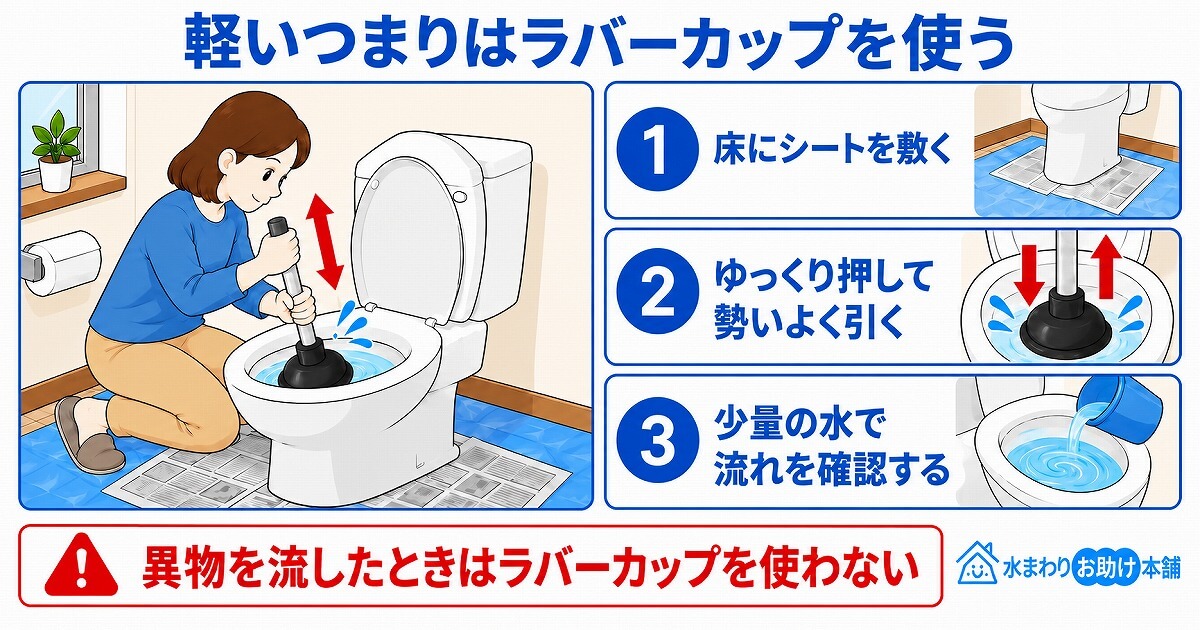 トイレットペーパーによる軽いつまりはラバーカップを使う