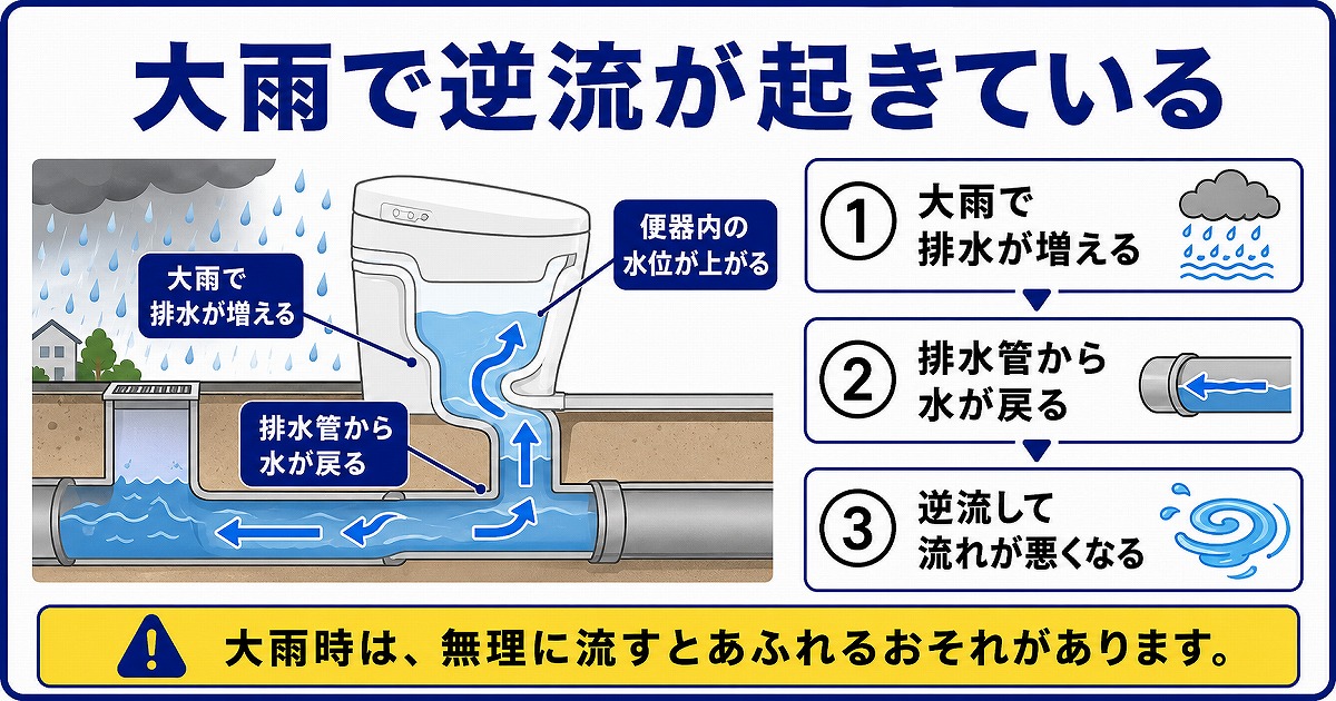 大雨などで逆流が起きている