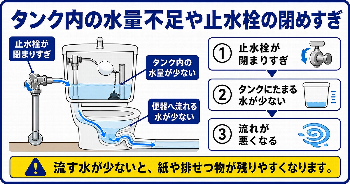 タンク内の水量や止水栓の開き方に問題がある