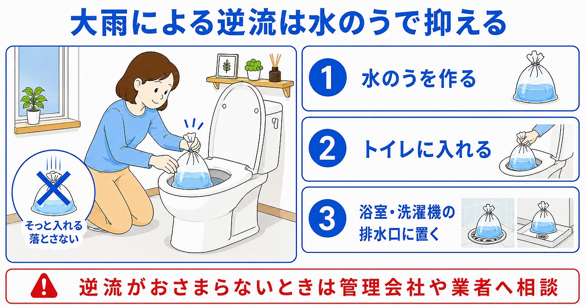 大雨による逆流は水のうで抑える