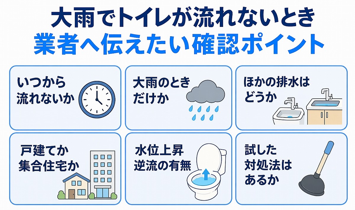 大雨でトイレが流れないときに業者へ伝えたい確認ポイントの図解