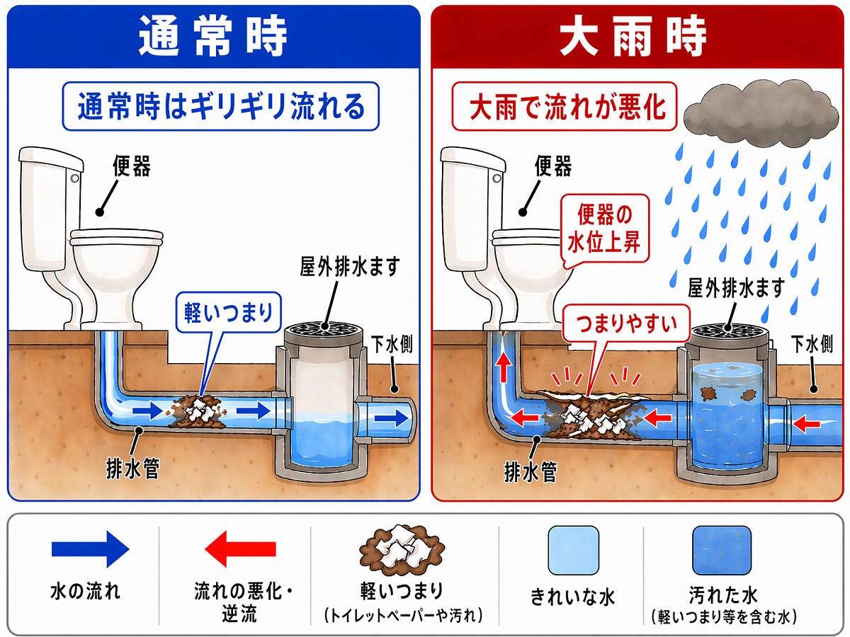 軽いつまりが大雨で悪化している図解