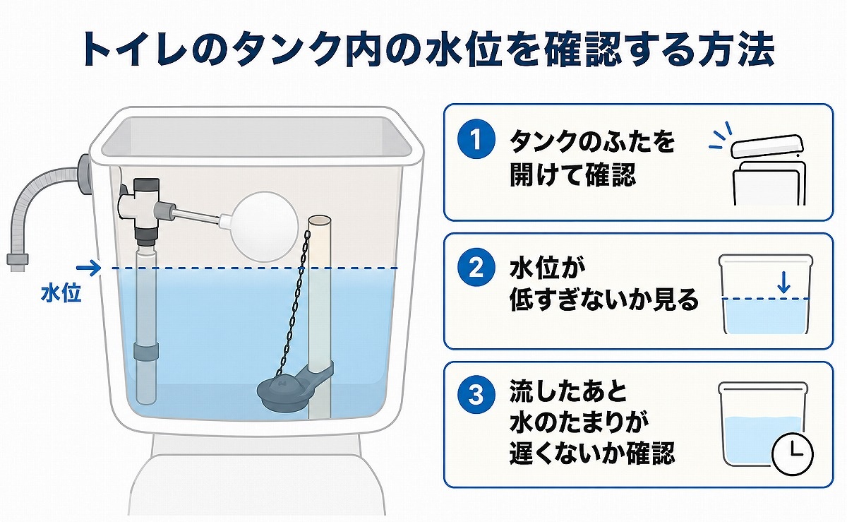 トイレのタンク内の水位を確認する方法の図解