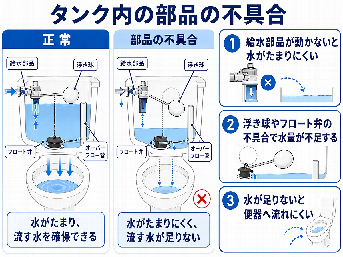 タンク内の部品の不具合の図解