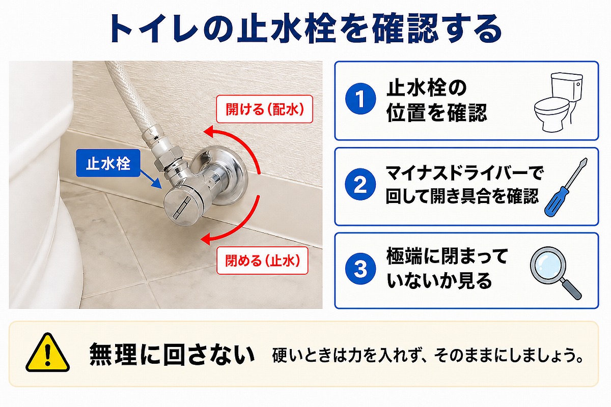 トイレの止水栓の位置と確認ポイントを示した図解