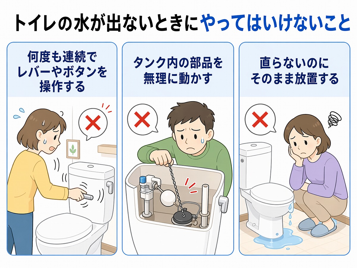 トイレの水が出ないときにやってはいけない3つの行動を示した解説画像