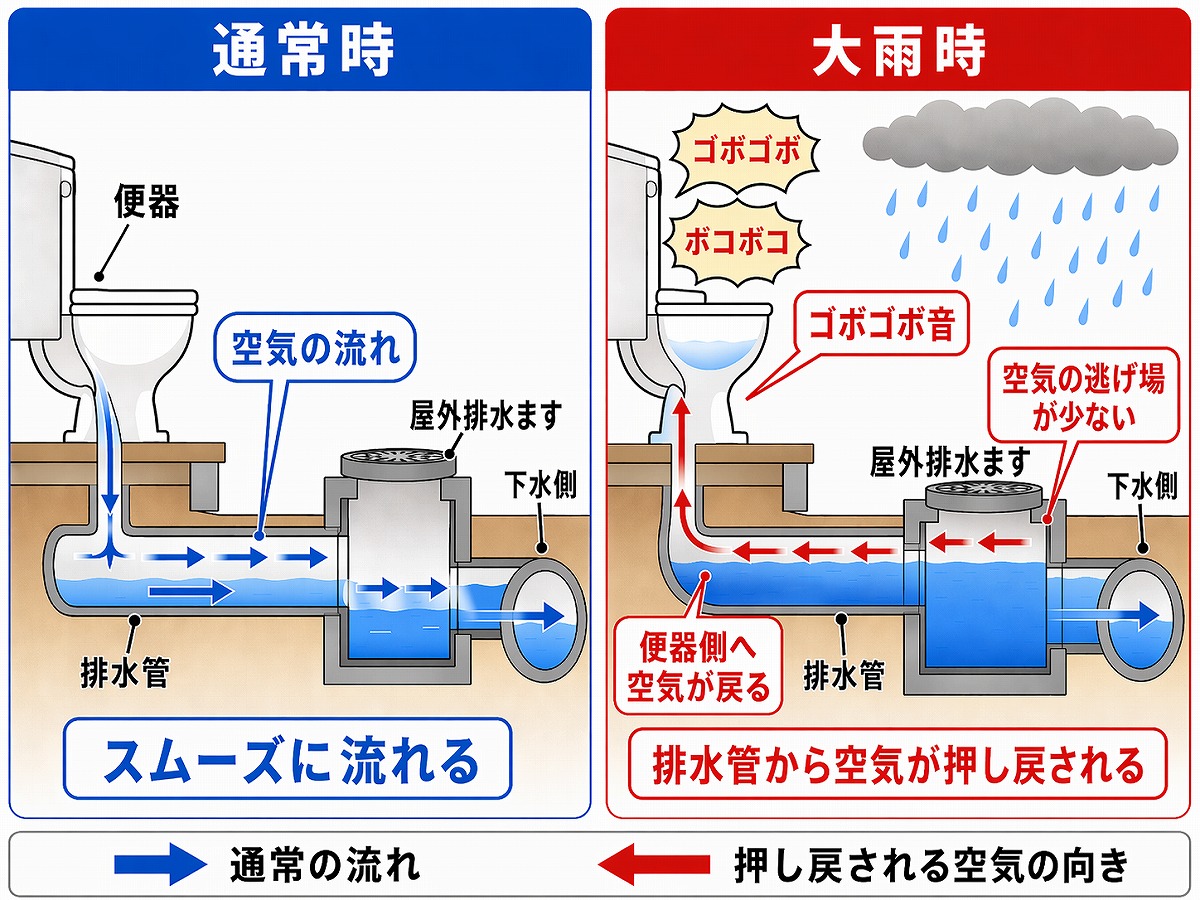 排水管から空気が押し戻されている図解