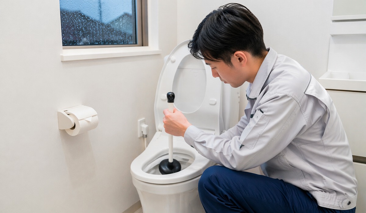 大雨でトイレが流れないときにラバーカップで状態を確認している場面