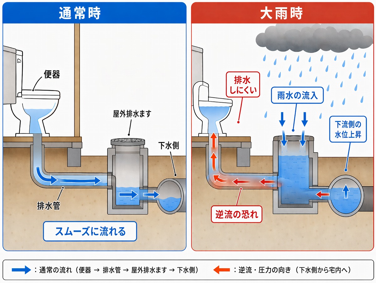 雨水が侵入し逆流している図解