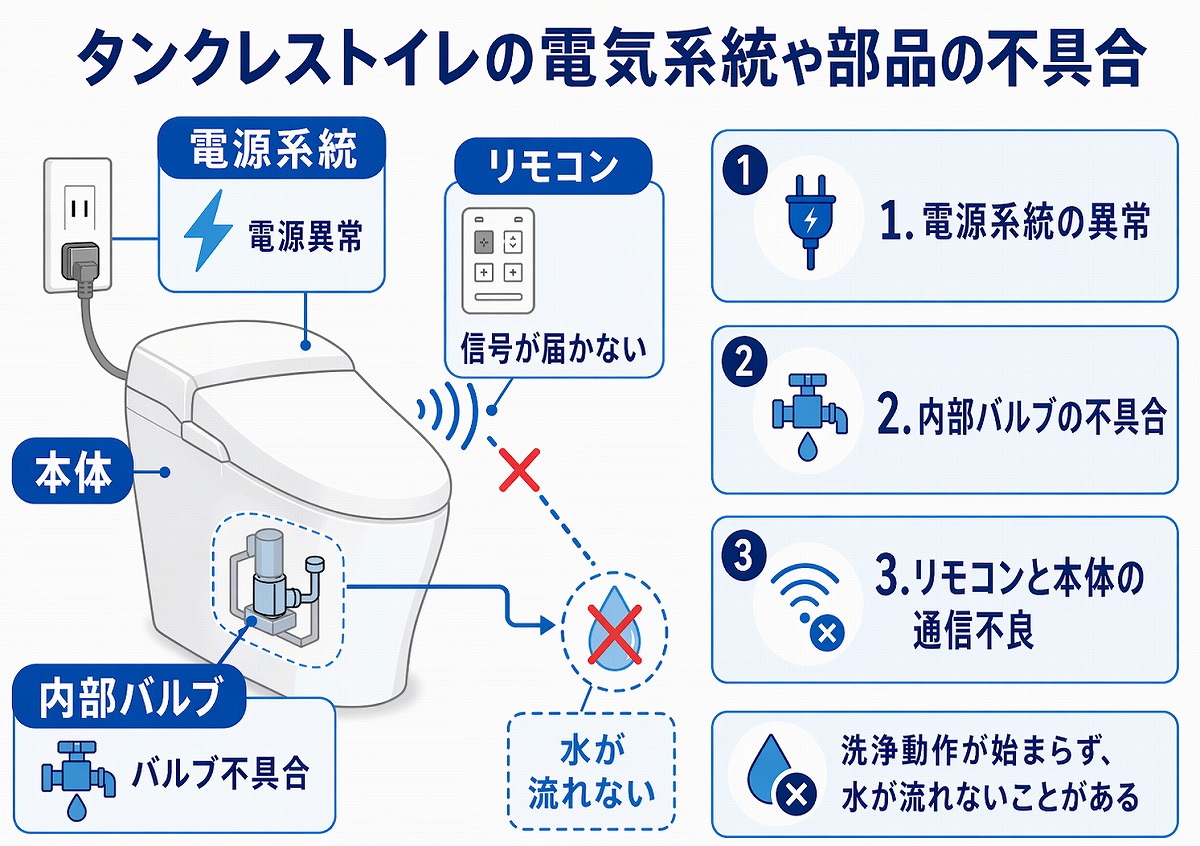 タンクレストイレの電気系統や内部部品の不具合の図解