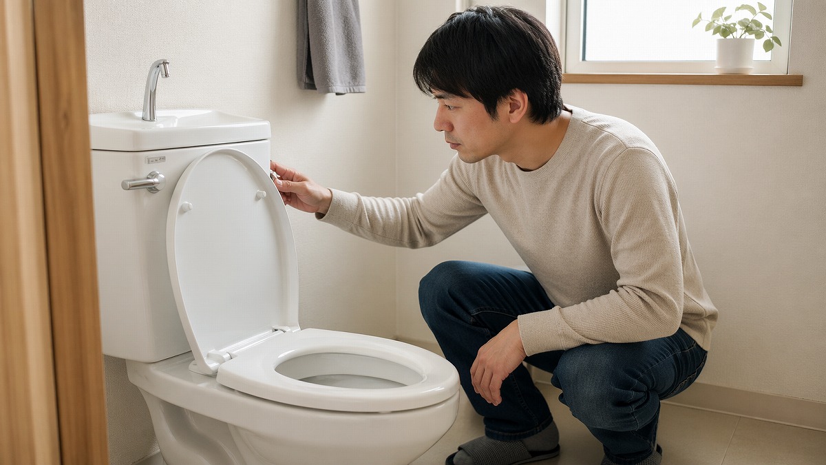トイレの水が出ないため自分で確認している人物のイメージ