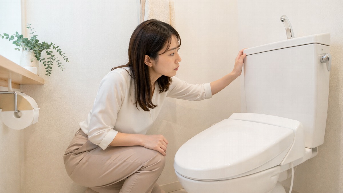 トイレの水が出ないときに状態を確認している女性
