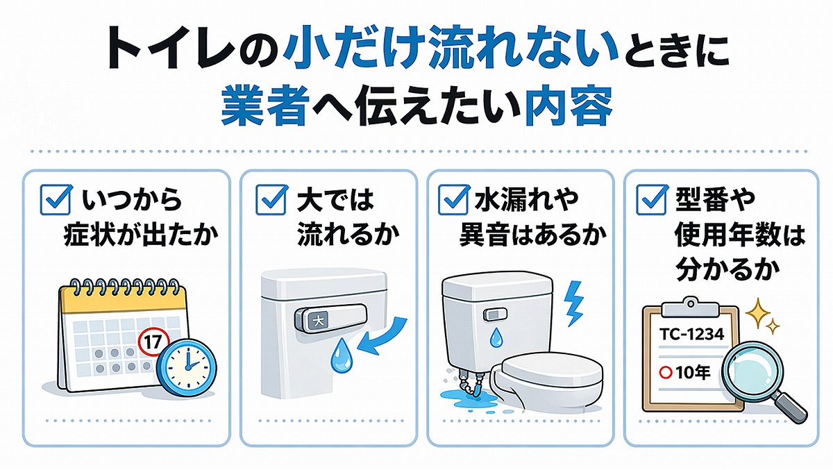 トイレの小だけ流れないときに業者へ伝えたい内容の図解