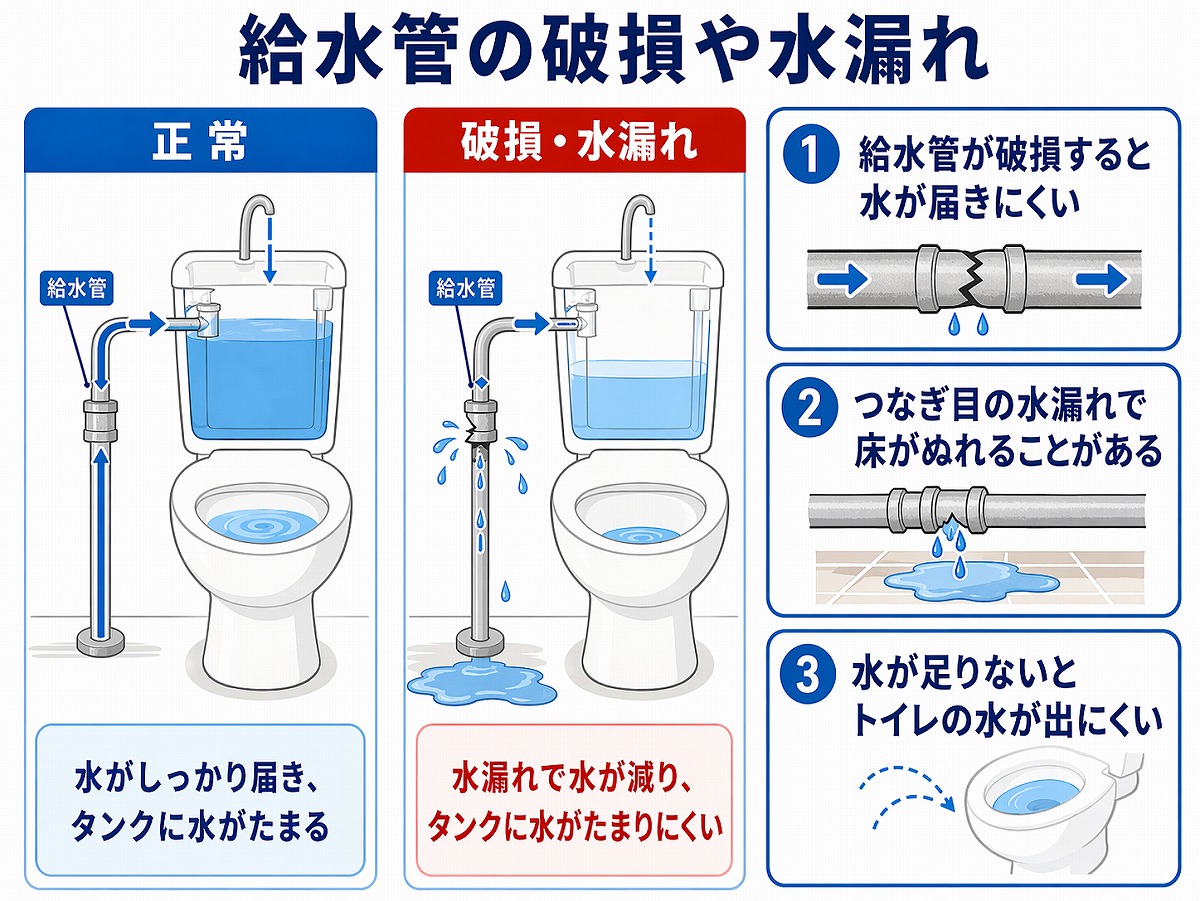 給水管の破損や水漏れの図解