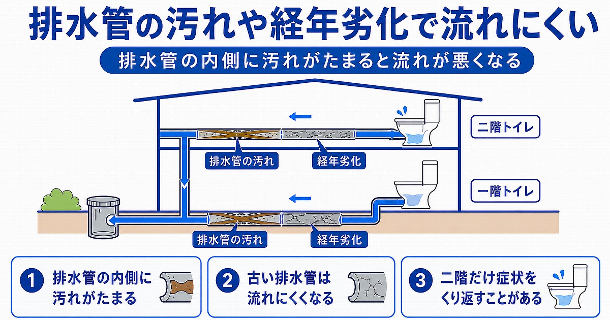排水管の汚れや経年劣化で流れにくい