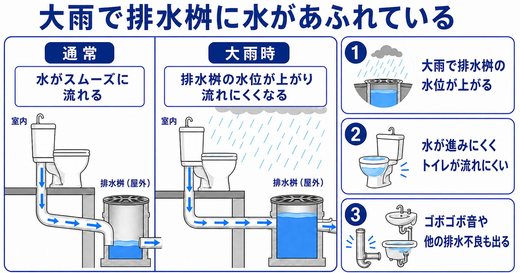 大雨で排水桝に水があふれている