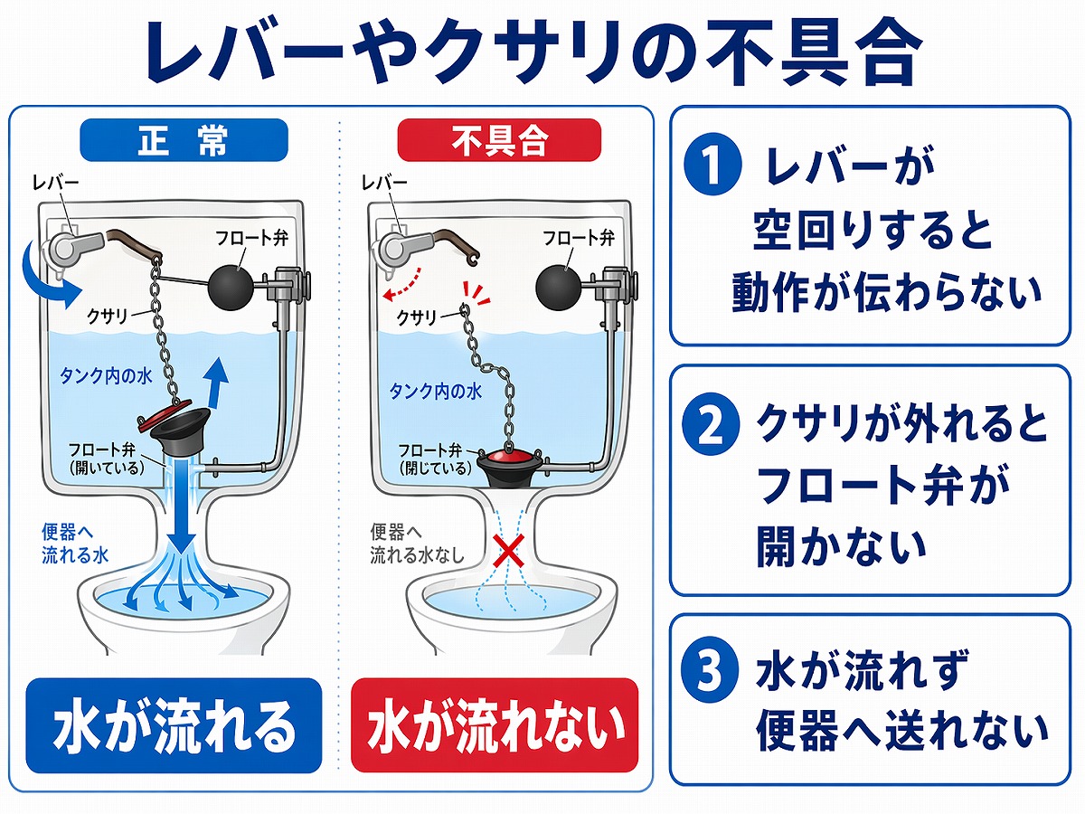 レバーが外れている、クサリが壊れている