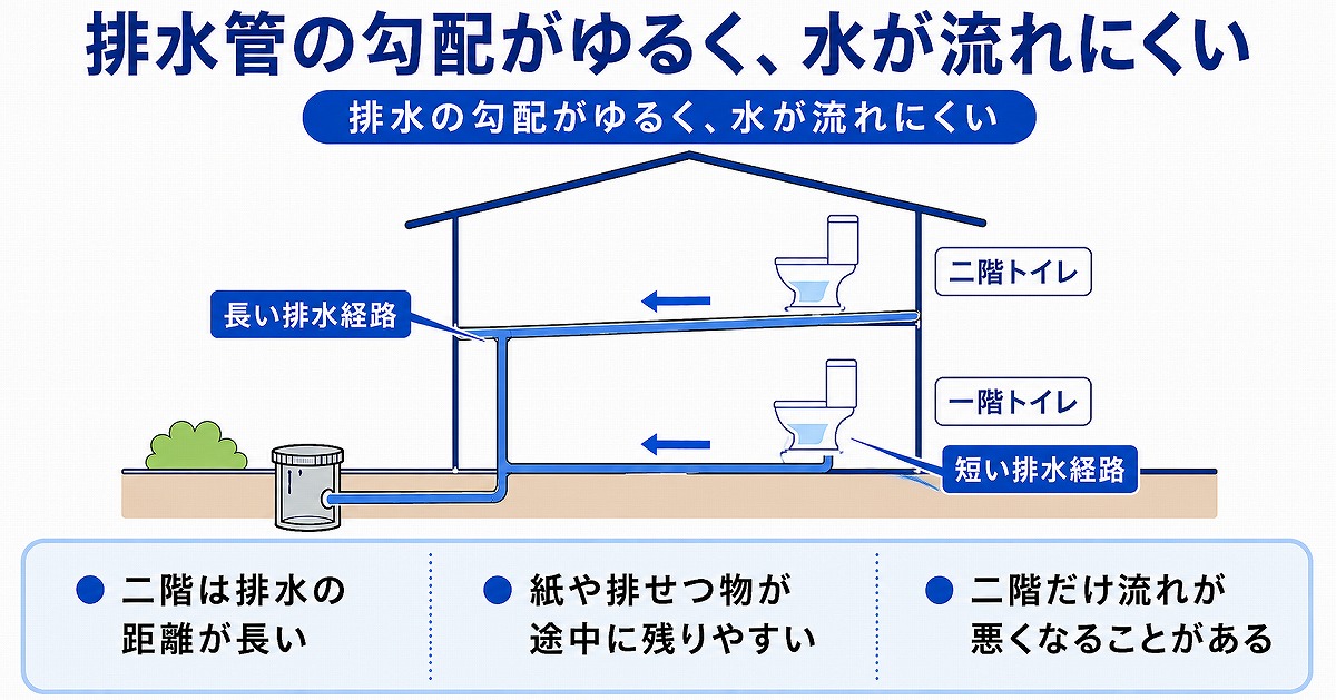 排水管の勾配がゆるく、水が流れにくい