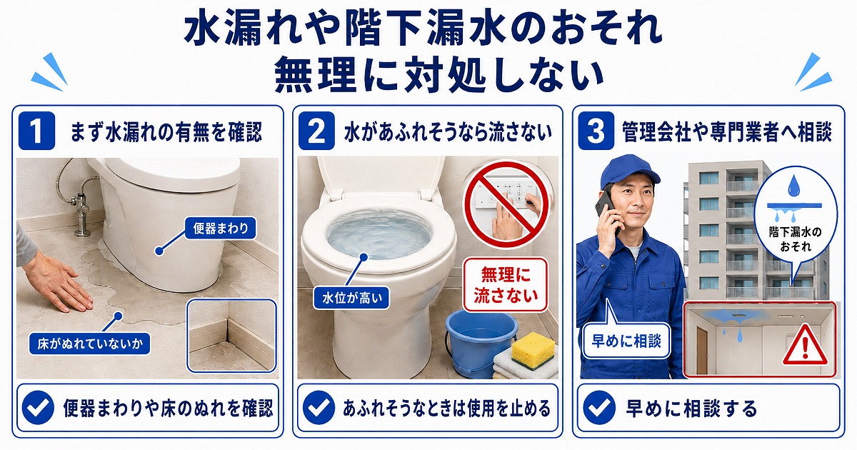 水漏れや階下漏水につながるおそれがある場合は無理に対処しない
