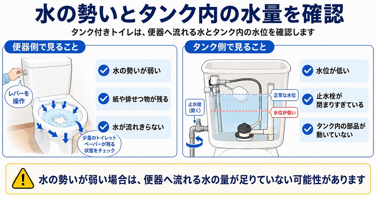 便器へ流れる水の勢いとタンク内の水量を確認する