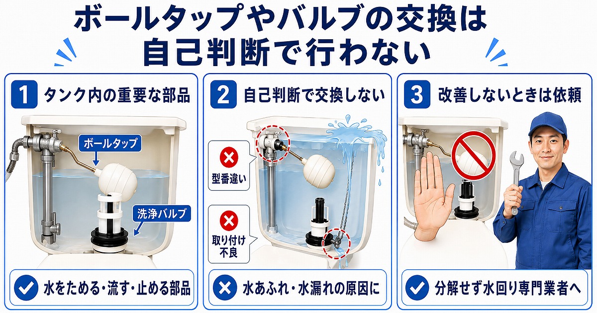 ボールタップやバルブの交換は自己判断で行わない
