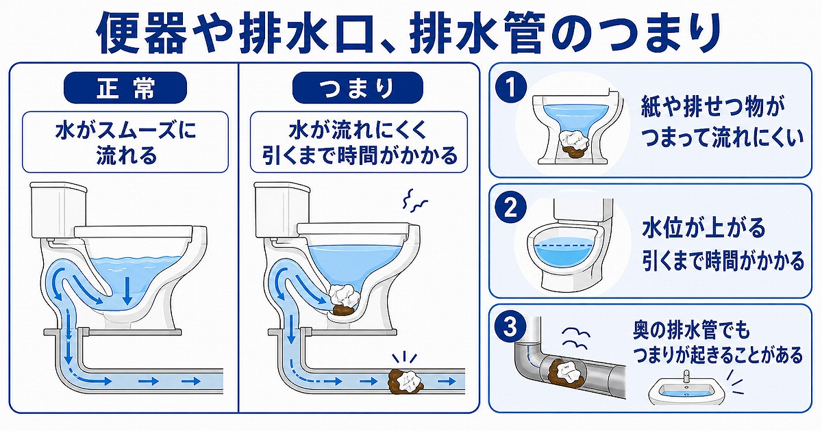 便器や排水口、排水管でつまりが起きている