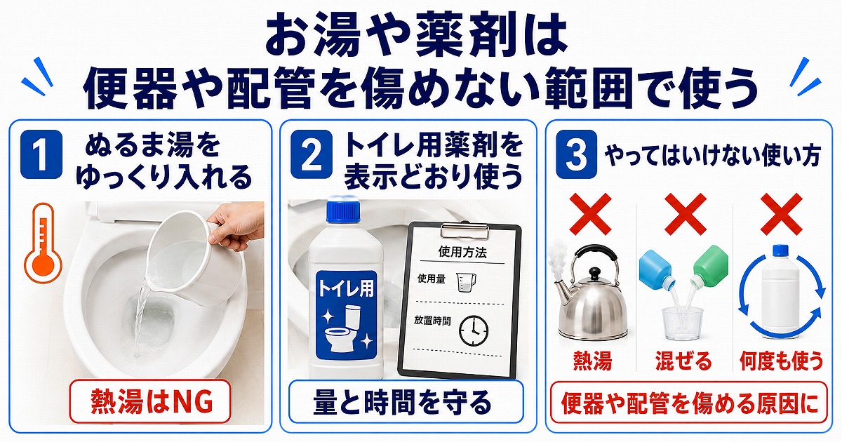 お湯や薬剤は便器や配管を傷めない範囲で使う