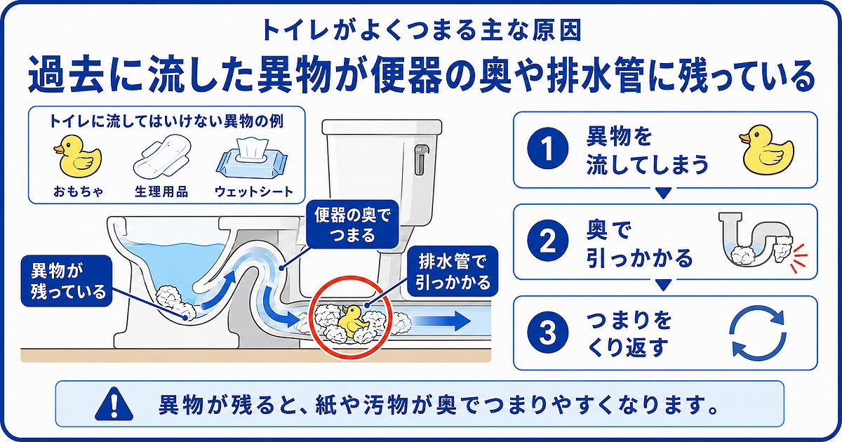 過去に流した異物が便器の奥や排水管に残っている