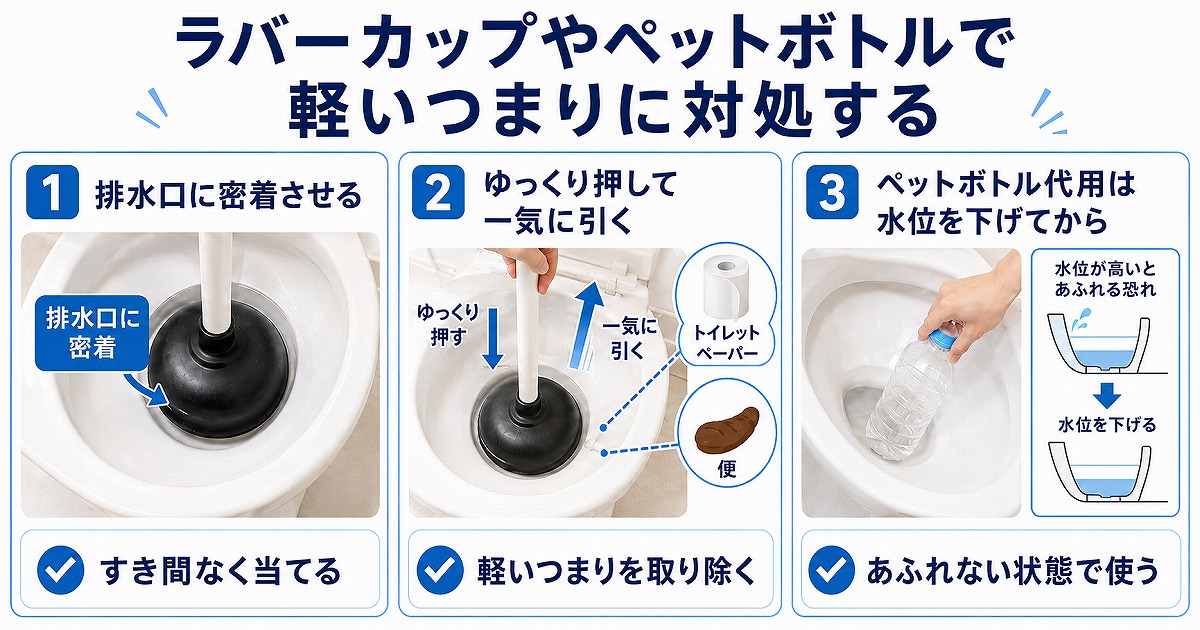 ラバーカップやペットボトルで軽いつまりに対処する