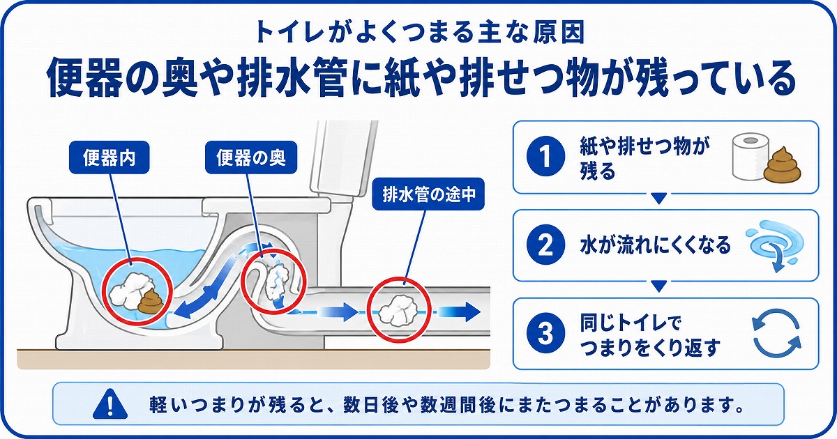 便器の奥や排水管にトイレットペーパーや排せつ物が残っている
