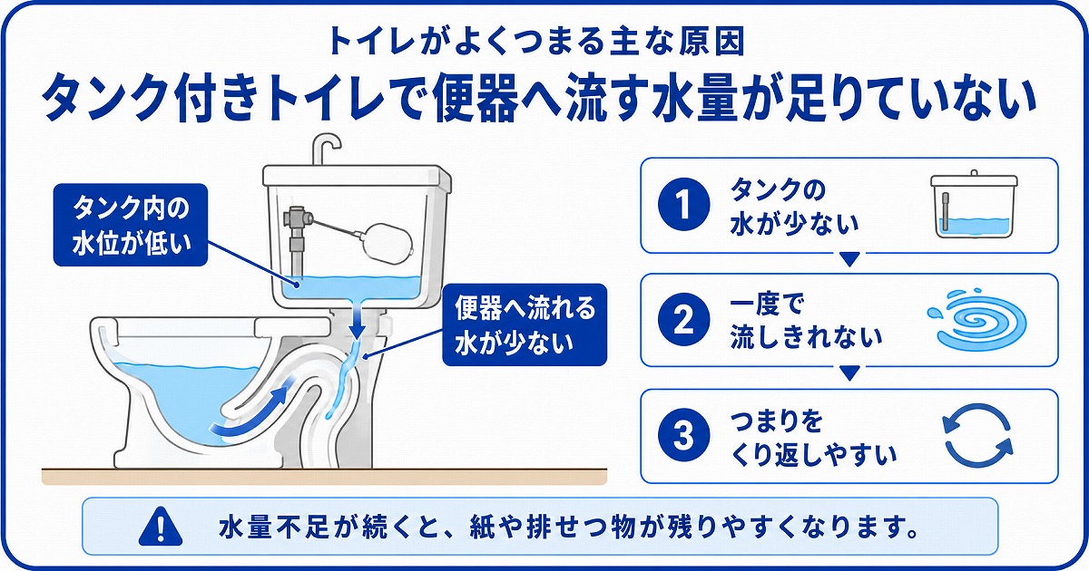 タンク付きトイレで便器へ流す水量が足りていない