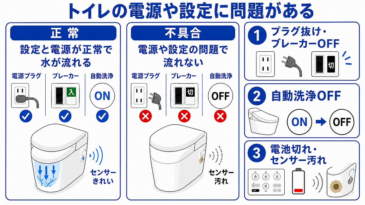 トイレの電源が入っていない、自動洗浄がオフになっている