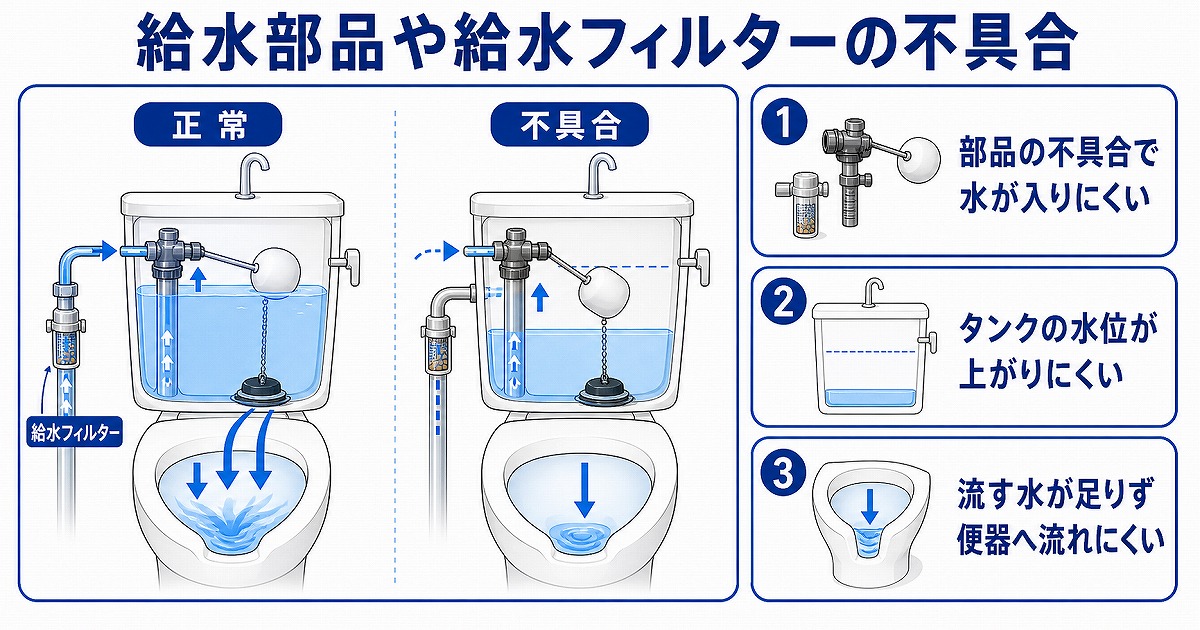 給水部品や給水フィルターに不具合がある