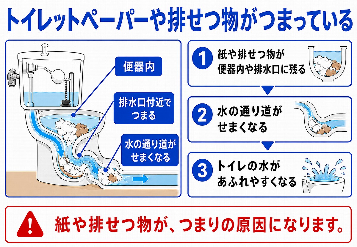 トイレットペーパーや排せつ物がつまっている