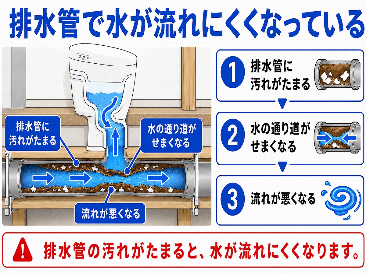 住宅の排水管で水が流れにくくなっている