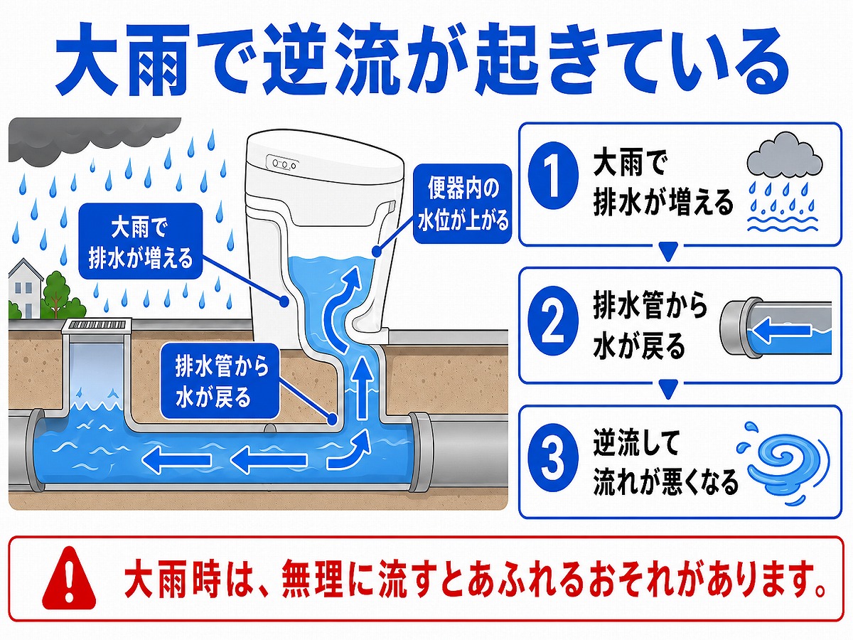 大雨で排水が逆流している