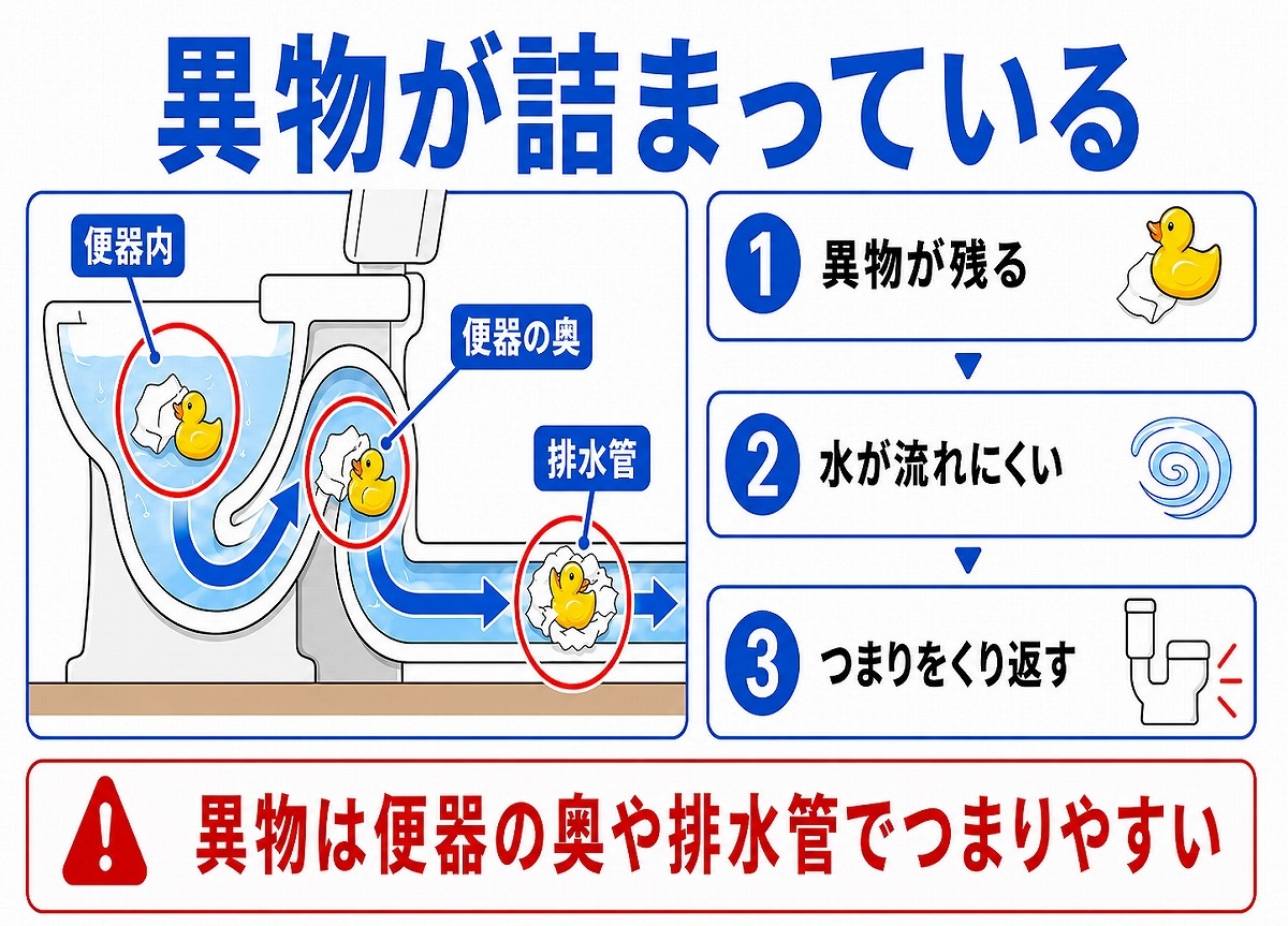 異物が便器内や排水口付近に残っている