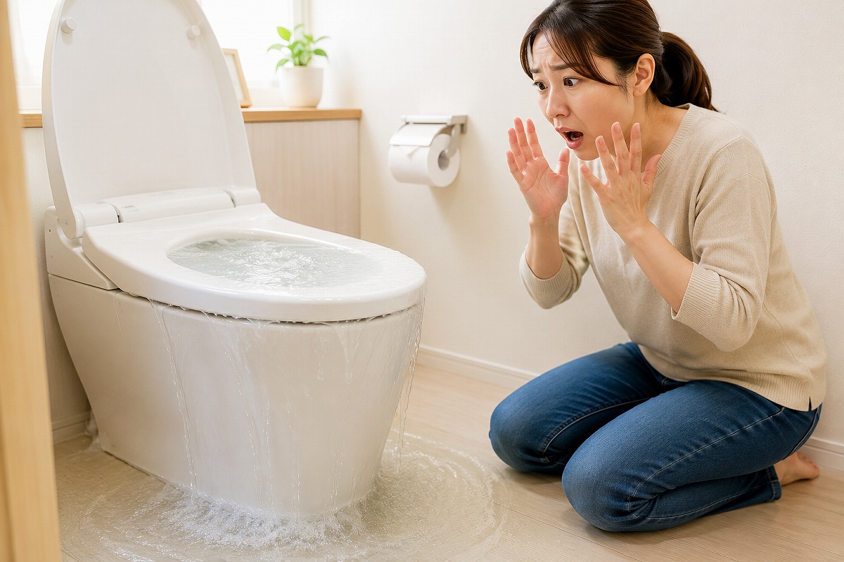 トイレがあふれて驚いている女性