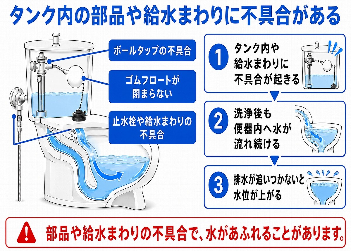 タンク内の部品や給水まわりに不具合がある