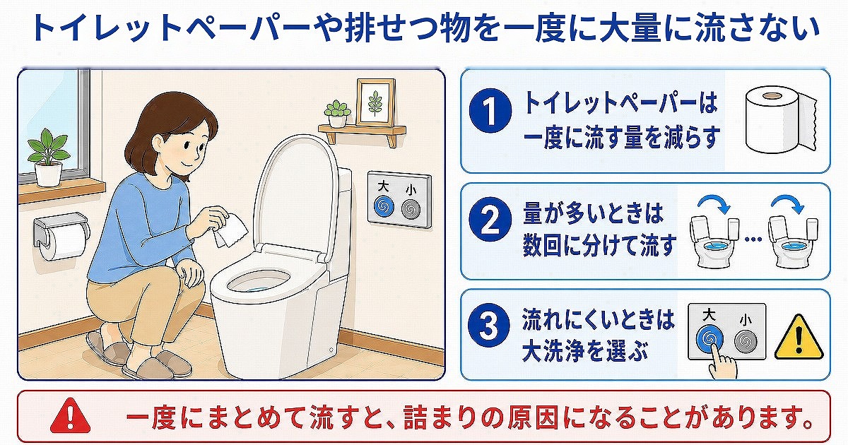 トイレットペーパーや排せつ物を一度に大量に流さない