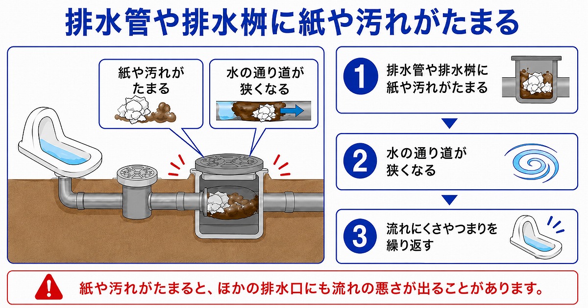 排水管や排水桝に紙や汚れがたまる